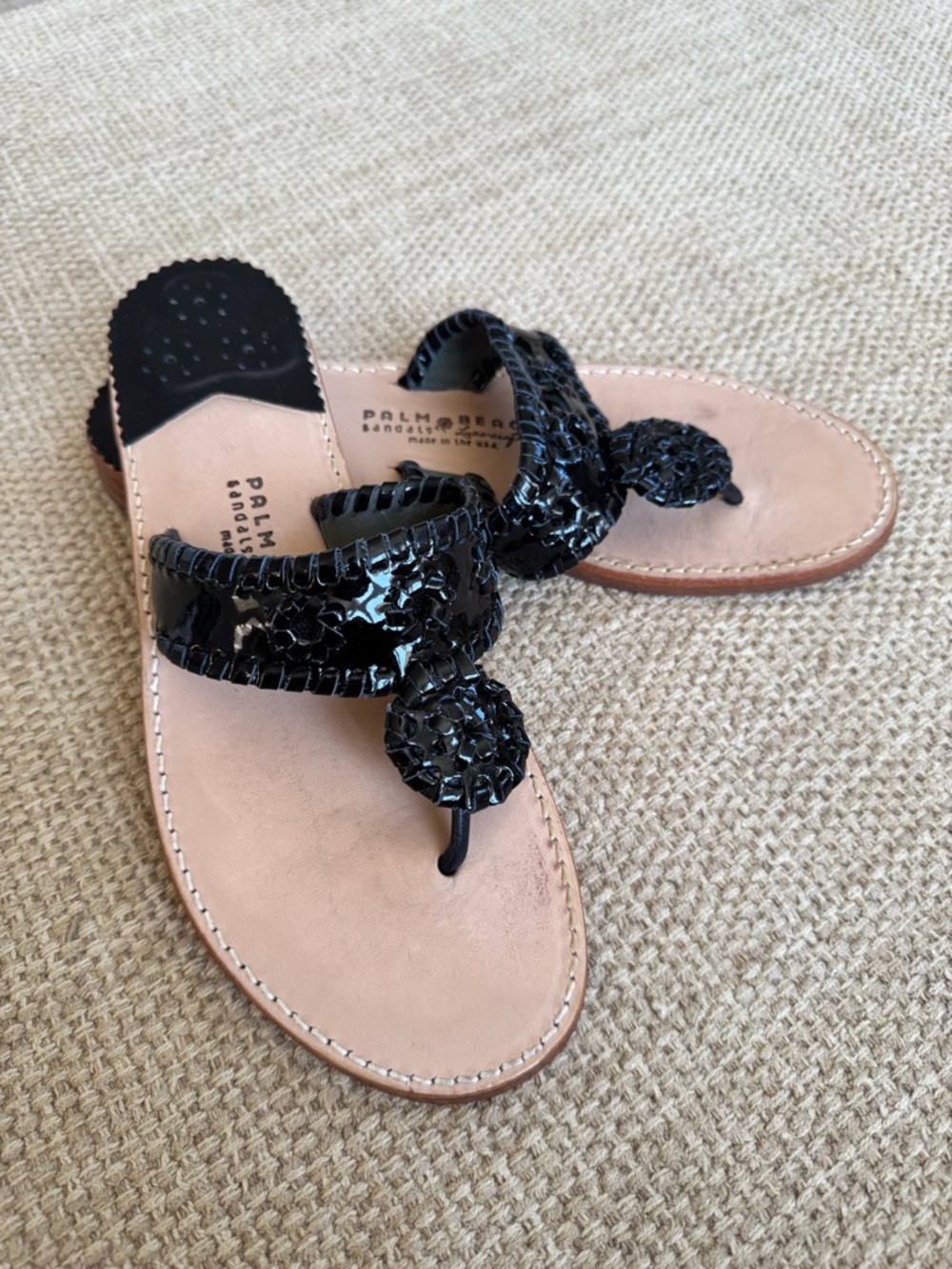 Palm Beach Sandals Shiny Black Leather,‎ Size 10